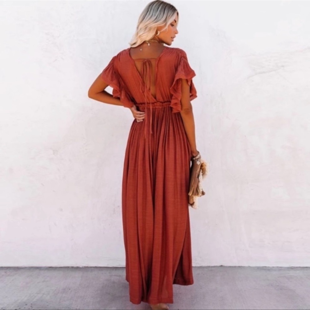 Red Boho Gauze Boho Button Flutter Maxi Dress - Picture 4 of 15
